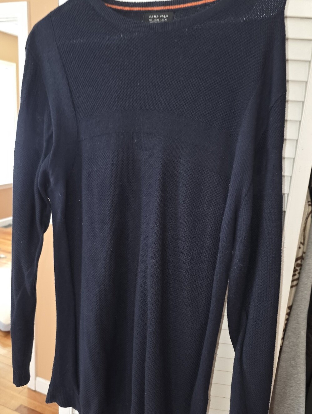 ZARA MAN Men’s Navy Blue Textured Knit Crewneck Sweater – Size L